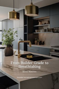 a kitchen with marble counter tops and gold pendant lights over the island in front of it