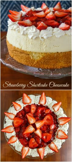 strawberry shortcake cheesecake with whipped cream and fresh strawberries in the bottom layer