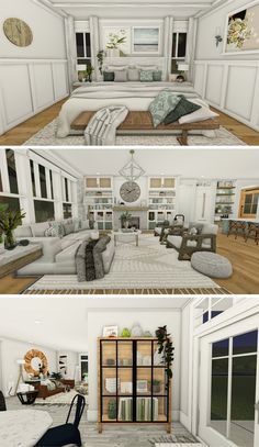 three different views of a living room and dining room in two separate rooms, one with couches, the other with bookshelves