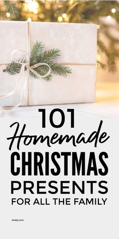 a present wrapped in white paper with the words 101 homemade christmas presents for all the family