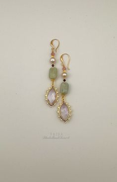 I have combined with a Burmese Jade, natural pink pearls, pink tourmaline and a large Amethyst to make a pair of statement earrings A simple yet elegant design that can enhance your daily look instantly. 14k gold filled ear wires,  Earring drop approx. 7 cm Every piece uses natural stones that will vary slightly in colour and inclusions, making every piece truly unique. Jade calms the nervous system and channels passion in constructive ways. It is said to attract good luck and friendship. These Burmese Jade, Pink Pearls, Earring Drop, Jade Earrings, Stylish Earring, Earrings Long, Amethyst Earrings, Pink Pearl, Burmese