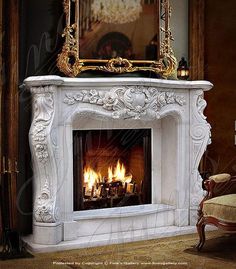 an ornate fireplace with fire burning in it's mantle and a mirror on the wall