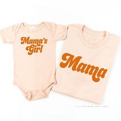 Retro Mama + Mama's Girl - Set of 2 Shirts – Little Mama Shirt Shop LLC Family Matching Graphic Print Relaxed Shirt, Fitted Pink Shirt With Letter Print, Mother's Day Cotton Shirt With Graphic Print, Family Matching Fitted Graphic T-shirt, Unisex Pink Top With Custom Print, Fitted Crew Neck Top For Family Matching, Fitted Cotton Matching T-shirt, Fitted Family Matching Tops With Name Print, Relaxed Fit Pre-shrunk Shirt For Mother's Day