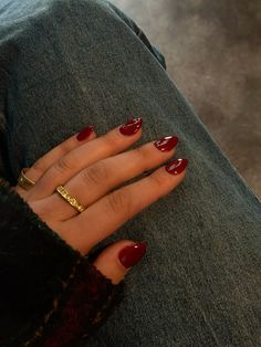 Fall nails, red nails, fall outfit inspo, almond nails medium nails gel nails acrylic nails, ootd Fall/winter Nails Almond, Red Fall Gel Nails, Fall Cherry Red, Fall Red Nails Almond, Fall Colored Nails Gel, September Red Nails, Short Fall Acrylic Nails Almond, Cherry Red Nails With Bow, September Nail Inspo Almond