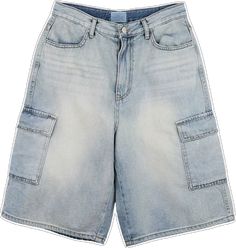 Baggy Blue Jean Shorts With Pockets, Blue Cargo Pocket Jean Shorts For Summer, Blue Baggy Jean Shorts With Pockets, Cotton Cargo Jean Shorts, Denim Jean Shorts With Patch Pockets, Short Cotton Cargo Jeans, Casual Cargo Style Jean Shorts, Short Utility Cargo Jeans, Utility Style Short Cargo Jeans