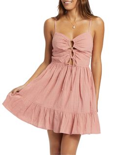 Fit & Design: Regular fit Adjustable straps Wrap front with matching fabric knot for closure Smocked back panel Tiered layer in matching fabric Strappy lace-up top Additional Details: Roxy Dress, Strappy Mini Dress, Roxy Girls, Tent Dress, Roxy Women, Mini Dresses For Women, Strappy Dresses, Red Midi Dress, Sweetheart Neck