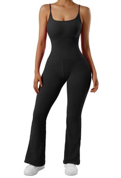 Fabric 90% Nylon, 10% Spandex Feature Compression Fabric & Adjustable spaghetti strap Removable pads& Square Neckline Breathable But Not see through This flared Jumpsuit is perfect for going out, daily, at home, on a date, shopping, and other occasions. High Stretch Jumpsuits And Rompers With Built-in Bra, Solid Compressive Jumpsuits And Rompers, Stretch Strapless Jumpsuit In Solid Color, Seamless Shapewear Jumpsuits And Rompers, Solid Bodysuit With Spaghetti Straps For Workout, Workout Bodysuit With Spaghetti Straps, Stretch Shapewear With Spaghetti Straps, Solid Stretch Shapewear With Spaghetti Straps, Fitted Nylon Jumpsuits And Rompers In Solid Color