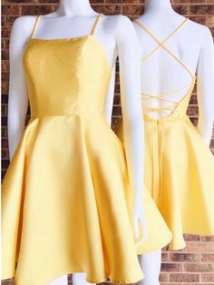 MC040,simple yellow sleeveless a-line spaghetti straps backless satin evening dress · More Cheer Dress · Online Store Powered by Storenvy Simple Prom Dress Short, Yellow Homecoming Dresses, Homecoming Dress Short, Robes Glamour, School Dance Dresses, Short Satin, Yellow Dresses, Satin Homecoming Dress, Satin Short