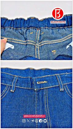 the bottom half of a pair of blue jeans with white stitching on them, showing how to sew