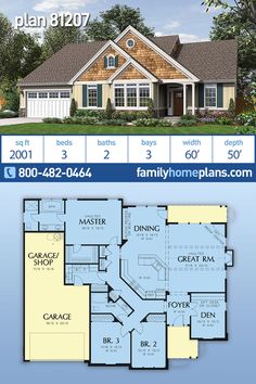 two story house plan with 3 car garage and living room in the front, one bedroom on