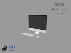 a computer monitor sitting on top of a desk with the words brie bedroom set above it