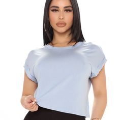 New With Tags Fashion Nova Size Large Light Blue Tee Chic Blue T-shirt For Summer, Trendy Light Blue Shirt For Day Out, Blue Crew Neck Crop Top In Trendy Style, Light Blue Stretch Short Sleeve Tops, Blue Short Sleeve T-shirt For Day Out, Trendy Light Blue Crew Neck Crop Top, Chic Blue Tops For Day Out, Blue Crew Neck T-shirt For Day Out, Trendy Blue T-shirt For Day Out