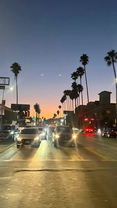 cars driving down the street at night with palm trees on both sides and buildings in the background