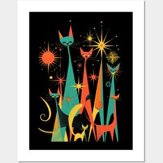 an art print with cats and stars in the sky