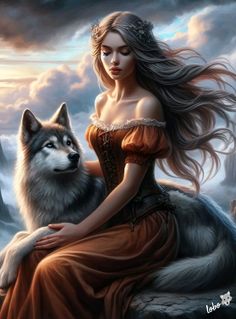 a woman sitting on top of a rock next to a wolf in front of a cloudy sky