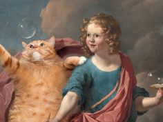 an orange cat sitting on top of a woman's back with bubbles in her hand