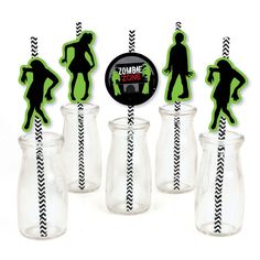 zombie party decorations with black and green striped straws