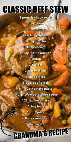 the recipe for beef stew is shown in a bowl with a ladle full of it