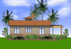 this is an artist's rendering of a small house with palm trees in the background