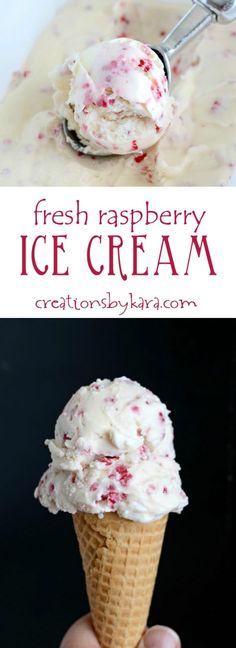 a hand holding an ice cream cone with the words fresh raspberry ice cream on it