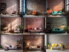 a series of photos showing different rooms with couches, chairs and bookshelves