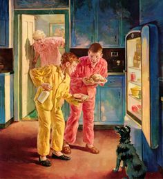 two boys in yellow pajamas are looking at something on the counter and one boy is holding a plate