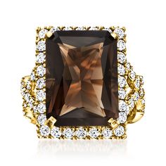 Ross-Simons - 14.00ct Smoky Topaz Ring, 1.35ct t. w. Diamonds in Gold. Size 7. Smoldering with a scintillating 14.00 carat emerald-cut smoky quartz, this exceptional cocktail ring thoughtfully articulates a bevy of unique details. Finely crafted in polished 14kt yellow gold and brimming with 1.35 ct. t. w. round brilliant-cut diamonds in a classic border and along the sides of a crisscross-style shank. 3/4" wide. Diamond and smoky quartz ring. Smokey Topaz Ring, 55th Wedding Anniversary, Brown Diamond Ring, Smoky Quartz Ring, Jewelry Board, Smoky Topaz, Smokey Topaz, Citrine Jewelry, Brown Jewelry