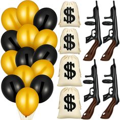 PRICES MAY VARY. Cosplay Party Decorations: the package comes with 4 pieces of inflatable gun props, 4 pieces of money bags and 24 pcs black and gold balloons, 32 pieces of in total, a nice set is suitable for themed cosplay parties, gangster cosplay parties and other cosplay games Cool Decorative Effect: the fake guns are in black, and provides a cool decoration effect to make your party retro and charming, and let you play the role to the fullest; The gold and black balloon garland kit can be Henry The 8th Party, Outside Watch Party, 1920 Party Gifts, Mob Themed Birthday Party, 1920s Party Decorations, Harlem Nights Party, 1920 Party, Cowboy Themed Birthday Party, Gangster Party