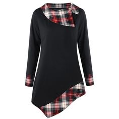 Plus Size Plaid Trim Asymmetrical T-shirt - Black - 3943857013 - Women's Clothing, Women's Tops & T-Shirts  #WomensTopsTShirts #Women's #Clothing # #Women's #Tops #& #TShirts Plus Size Wedding Dresses With Sleeves, Plus Zise, Trendy Plus Size Clothing, Plus Size Kleidung, Fashion Dresses Casual, Ebay Clothing, Asymmetrical Tops, Plaid Tops, Girls Long Sleeve