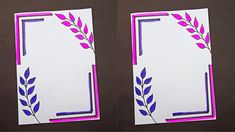 two pieces of paper with blue and pink designs on them, one is cut in half