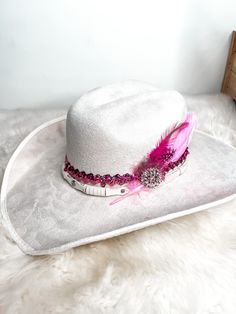 Perfectly Pink Barbie Themed Cowgirl Hat Pink Sequin hat band and matching pink feathers on this gorgeous suede hat, you pick ivory, blush or hot pink!  Rhinestone hat pin or rhinestone fringe/band Adjustable and elastic hat band, fits like a medium Winter Cowgirl, Rodeo Queen Clothes, Cowgirl Barbie, Western Barbie, Barbie Cowgirl, Rhinestone Hat, Custom Cowboy Hats, Western Glam, Sequin Hat