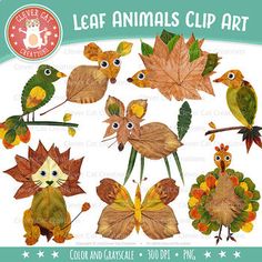 the leaf animals clip art set includes leaves, flowers, and other things to make it look