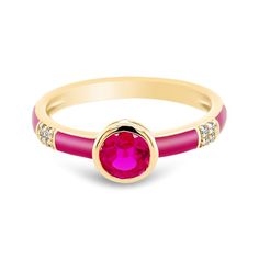 14K Yellow Gold Enamel Ring with  Birthstone and Diamond Ruby Stone, Pink Enamel, July Birthstone, Enamel Ring, Gold Enamel, Ruby Ring, Ruby, Gemstone Rings, Ring Size