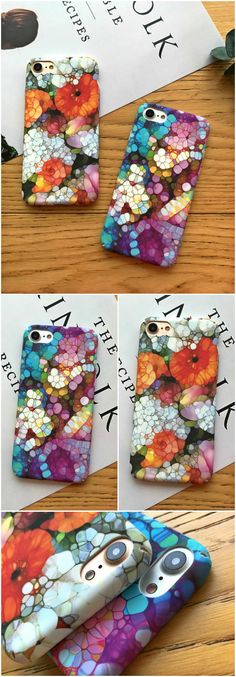 four different pictures of colorful flowers on an iphone case, and the same one is being made