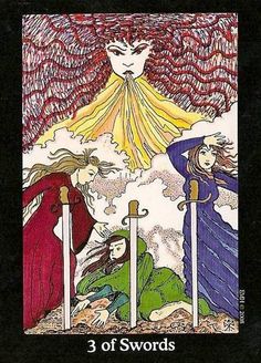 the three swords are depicted in this card game, which features two women and one man