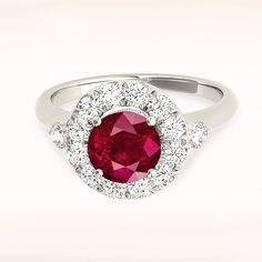 Add a touch of glamour to your collection with this 1.35 ct. genuine ruby ring. Featuring a stunning halo design and side accent diamonds totaling 0.40 ctw., this ring is the perfect statement piece for any occasion. Crafted in solid gold, it exudes luxury and sophistication. Elevate your style today! Rubin Ring, Natural Ruby Ring, Floral Halo, Diamond Tennis Necklace, Solid Gold Band, Detailed Ring, Modern Necklaces, Multi Stone Ring, Diamond Band