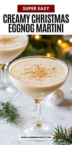 two glasses filled with creamy christmas eggnog martini