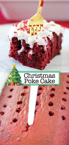 a piece of christmas poke cake on a white plate with a gold fork sticking out of it