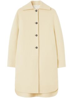 beige virgin wool front button fastening spread collar long sleeves buttoned cuffs rear curved hem below-knee length Outerwear Coats, Jil Sander, Outerwear Women, Sanders, Wool Coat, Single Breasted, Knee Length, Top Brands, Long Sleeves