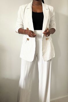 black white striped double breasted pant suit Jumpsuit Suit, Pinstripe Jumpsuit, Striped Pant, Pinstripe Pants, Pant Suit, Breasted Blazer, Double Breasted Blazer, Pant Set, Beauty Routines