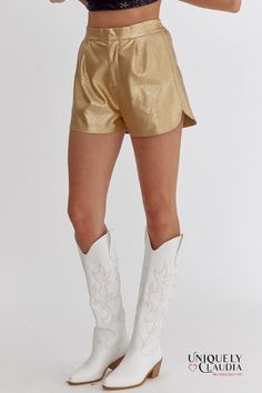 You'll feel so chic, and comfortable in our Pnina Metallic Vegan Leather Shorts. The Pnina Metallic Vegan Leather Shorts boast a sleek and stylish faux leather finish that adds a touch of sophistication to your outfit. This cruelty-free material captures the allure of genuine leather, and the high-waisted silhouette enhances your natural curves and provides a flattering, figure-hugging fit. Plus side pockets that only add a touch of convenience but also offer a subtle yet functional detail that College Game Day, Metallic Texture, High Waist Shorts, Game Dresses, Edgy Look, Leather Shorts, Top Sales, Girls Jacket, Small Waist