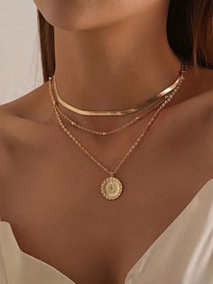 Dourado  Collar  Liga de Zinco   Embellished Lotus Pendant, Herringbone Design, Golden Jewelry, Multi Layer Necklace, Disc Pendant, Gold Necklace Layered, Pearl Pendant Necklace, Mua Sắm, Crystal Necklace Pendant