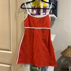 Tomato Red With White Piping. Nice Thick Material That’s Very Stretchy Red Lined Cotton Mini Dress, Forever 21 Cotton Sundress, Red Cotton Sundress Mini Dress, Red Cotton Summer Mini Dress, Red Cotton Mini Dress For Summer, Forever 21 Black Dress, Pink And Red Dress, Black Collared Dress, Blue Sundress