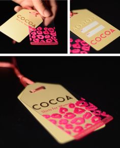 a person holding a tag that says cocoa and pink leopard print on the front, and bottom