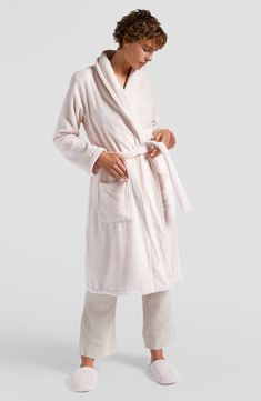 Enjoy the luxurious elegance of a spa-inspired robe at home with this supercomfy style loomed from long-staple Turkish cotton. 45 1/2" length (size Large)   Open front   Shawl collar   Long sleeves   Front patch pockets   Removable tie belt   100% cotton   Machine wash, tumble dry   Made in Turkey   Pop-In@Nordstrom   OEKO-TEX®–certified materials free of harmful substances Cozy Daywear Robe, Feminine Cream Robe For Loungewear, Cozy Shawl, Gender Inclusive, Spa Inspiration, Belt Tying, Shawl Collar, Tie Belt, Waist Tie