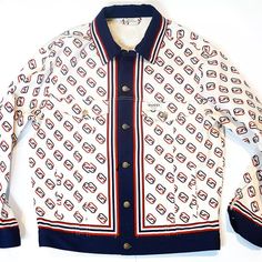 Here At Fleur De Riche, We Have Some Of The Best Luxury Designer Apparel And Brand-Name Handbags Curated Just For You. One Of Those Unique Special Occasion Pieces. Put This On And Watch People Gawk, Wondering Where You Got It From. This Gucci Gg Monogram Denim Jacket Is Patterned In A New Retro-Tinged Iteration Of Gucci's 'Gg' Motif. This Denim Jacket Is Cut For A Loose Fit And Trimmed With Navy And Red Stripes Along The Collar, Placket, Hem And Cuffs. Featuring A Front Button Fastening, Two Che Gucci Luxury Cotton Outerwear, Luxury Gucci Cotton Outerwear, Blue Gucci Cotton Outerwear, Gucci Designer Cotton Outerwear, Designer Gucci Cotton Outerwear, Blue Gucci Outerwear For Work, Gucci Cotton Outerwear For Spring, Blue Cotton Gucci Outerwear, Classic Blue Gucci Outerwear