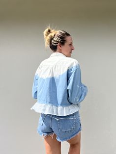 Cropped Jean Shirt Jacket, Bleached Jean Shirt, Flower and Lace Patch Cropped Jean Jacket, Button Down Jean Shirt With Ruffle,bleached Denim - Etsy Light Wash Cotton Denim Jacket For Day Out, Spring Light Wash Collared Denim Top, Cropped Denim Jacket For Summer, Cropped Denim Blue Jacket For Summer, Spring Collared Denim Jacket, Cropped Denim Blue Denim Jacket For Summer, Relaxed Fit Denim Top For Spring Day Out, Summer Cropped Denim Blue Jacket, Spring Light Wash Button-up Denim Top