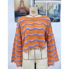 Orange Striped Print Crew Neck Knit Sweater Trendy Textured Knit Crochet Top With Long Sleeves, Trendy Crochet Top For Fall, Trendy Crochet Top With Knit Fabrication For Fall, Casual Long Sleeve Crochet Top For Winter, Trendy Textured Knit Long Sleeve Crochet Top, Trendy Long Sleeve Textured Crochet Top, Orange Knitted Sweater For Spring, Trendy Textured Crochet Long Sleeve Top, Long Sleeve Knitting Pattern For Spring