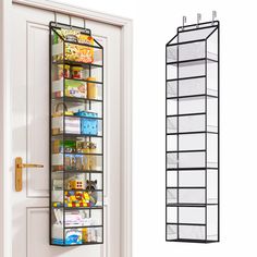 the door is open to reveal a pantry rack