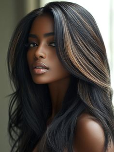 Highlight Ideas For Black Hair, Colorful Tips, Dark Brown Balayage, Hot Hairstyles, Ideas For Black Hair, Highlight Ideas, Kiss Images, Straight Black Hair